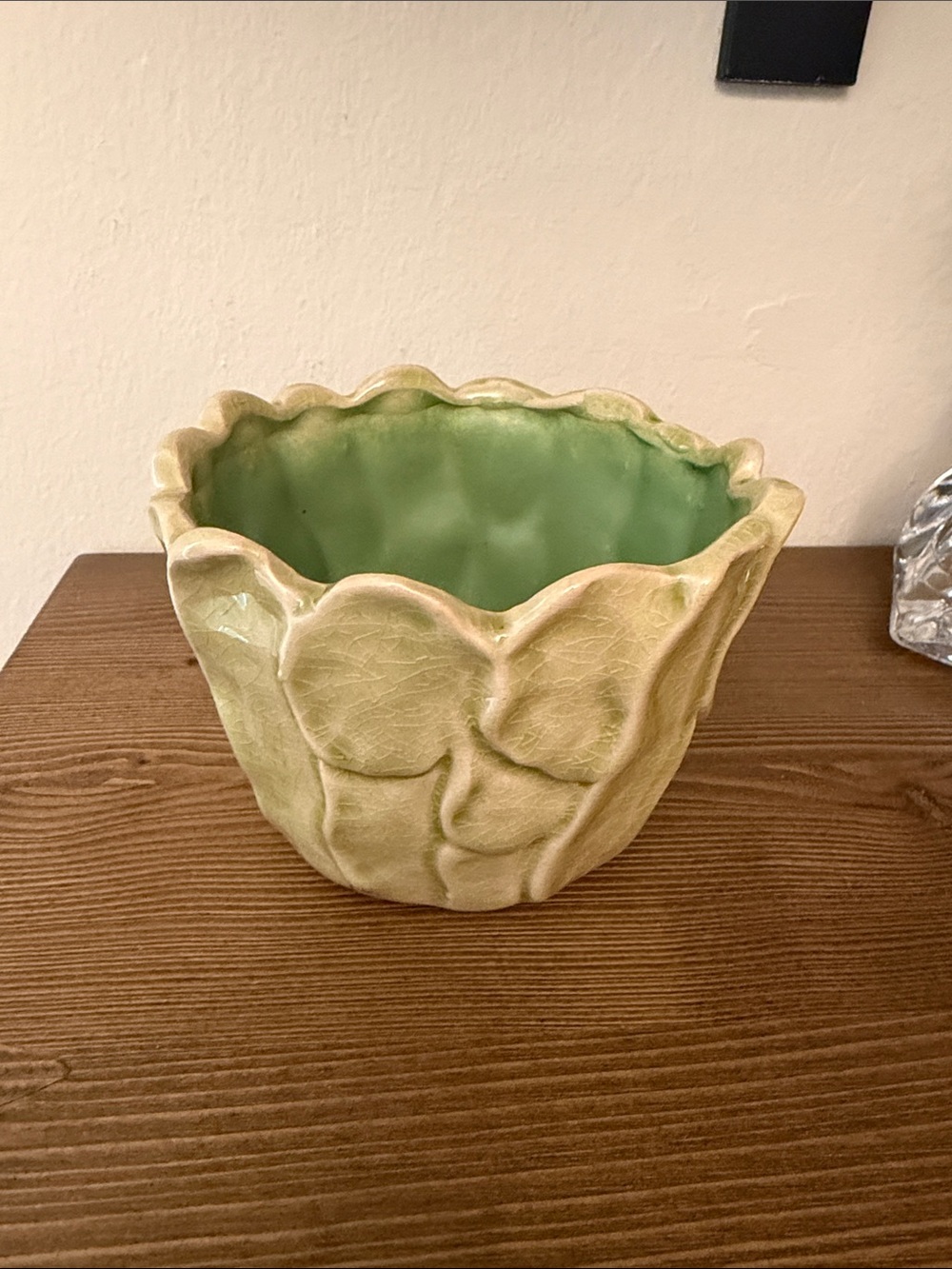 Vintage Mini Cabbage Leaf Ceramic Planter Cache Pot - 3”x4”